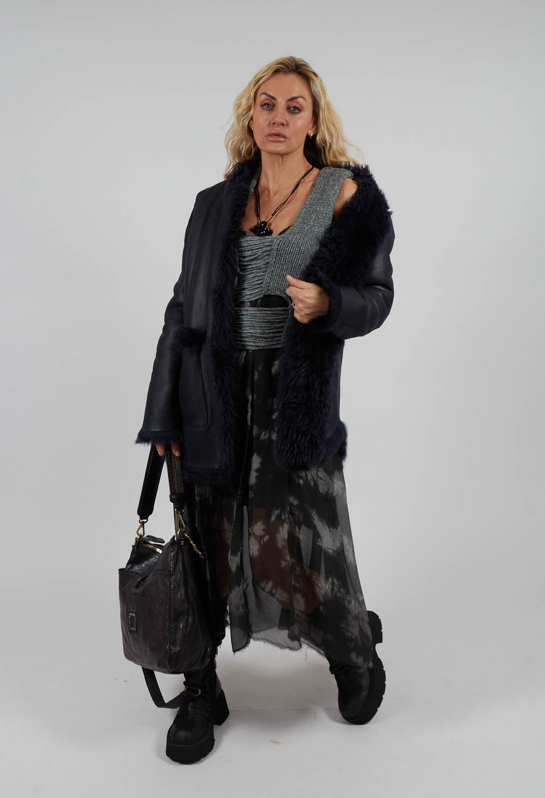 Reversible Shearling Coat with Fur Lining in Night Sky Navy