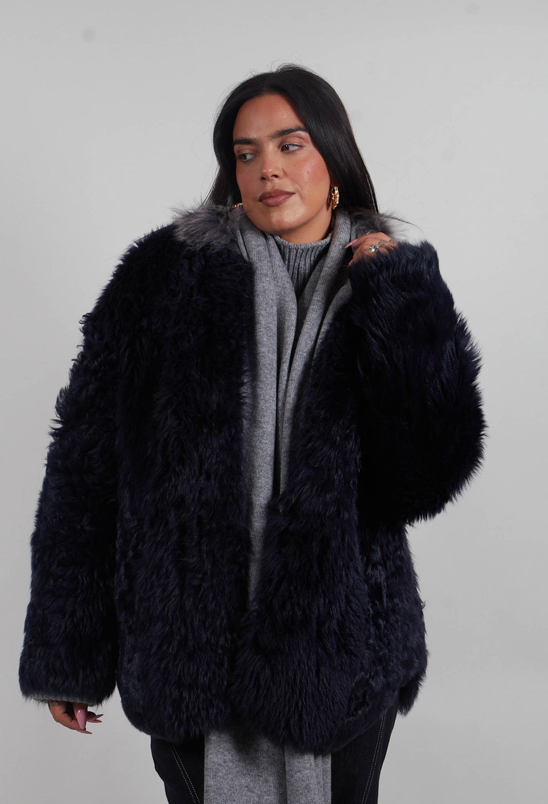 Reversible Shearling Coat with Fur Lining in Night Sky Navy