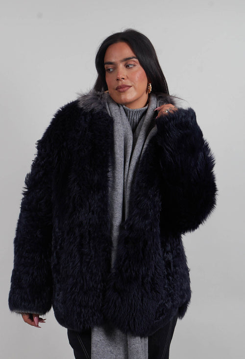 Reversible Shearling Coat with Fur Lining in Night Sky Navy