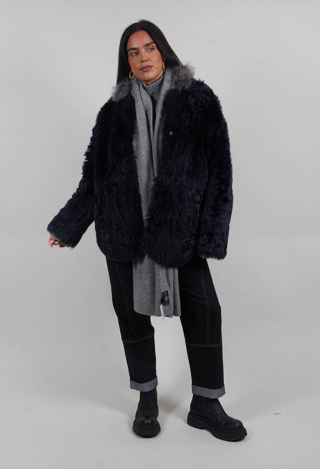 Reversible Shearling Coat with Fur Lining in Night Sky Navy