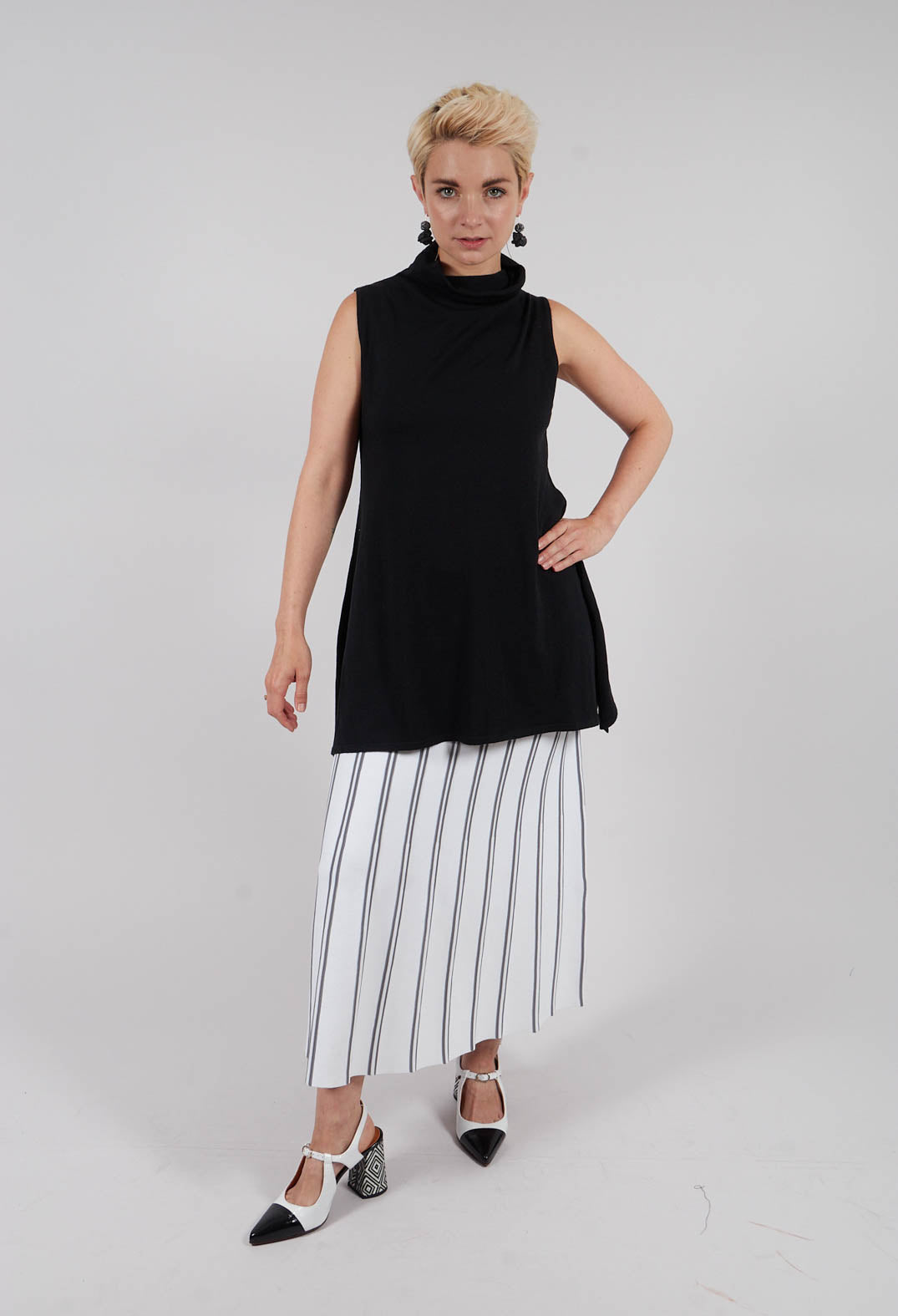 A Line Knitted Skirt in Grey and White Stripe
