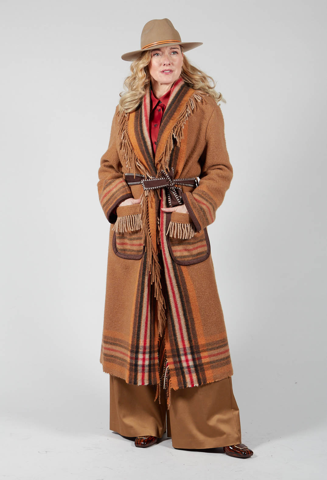 Coat with Fringes and Belt in Cinnamon