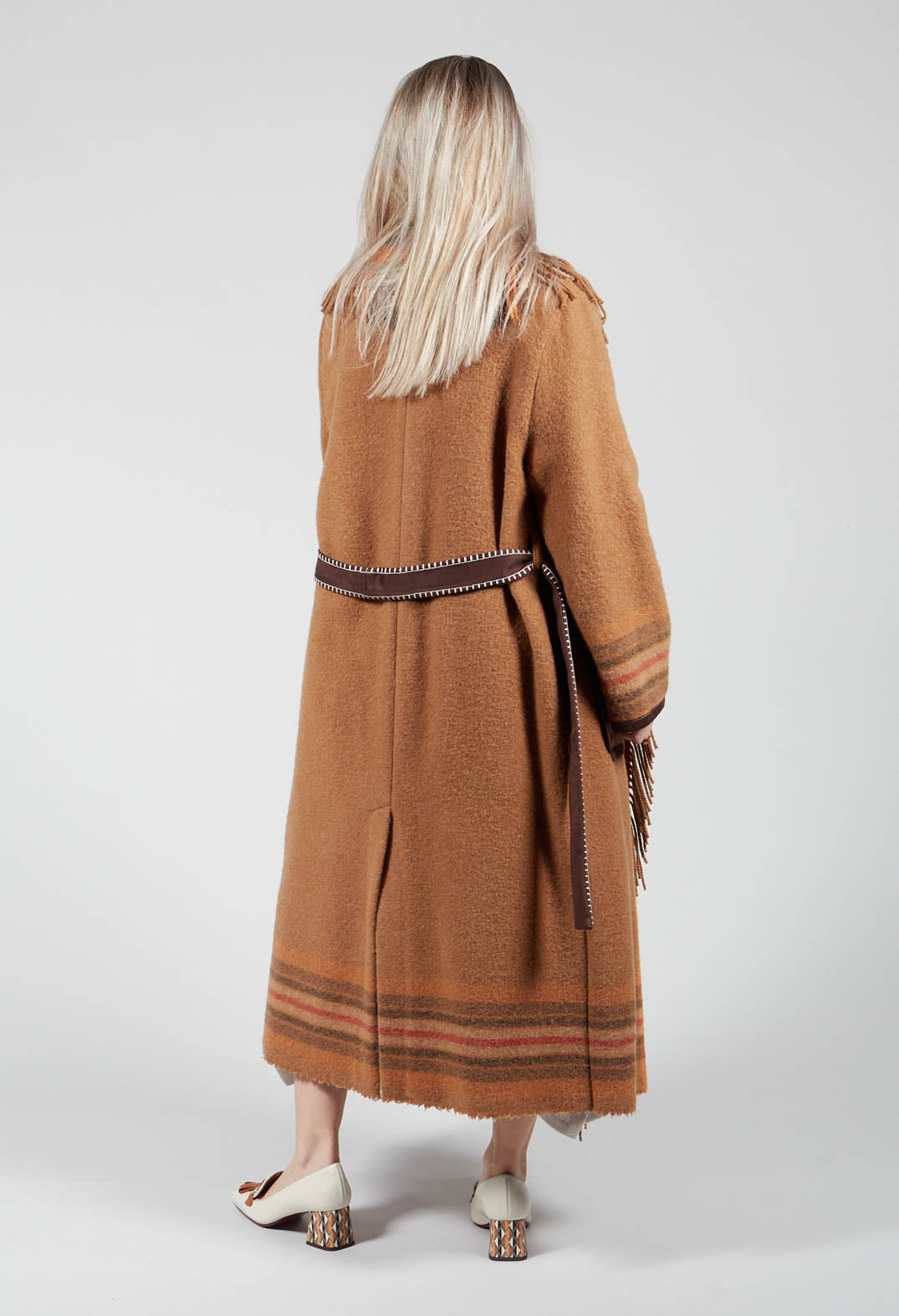 Coat with Fringes and Belt in Cinnamon
