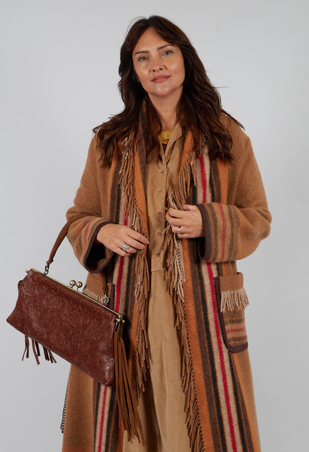 Coat with Fringes and Belt in Cinnamon