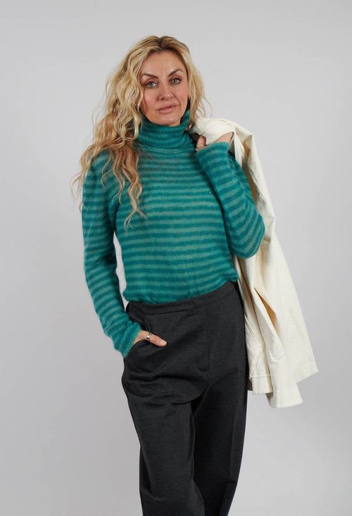 Striped Turtleneck Sweater in Teal Green