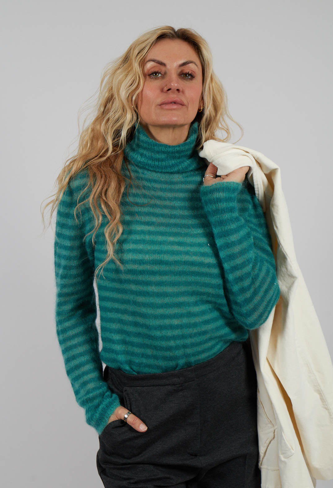 Striped Turtleneck Sweater in Teal Green