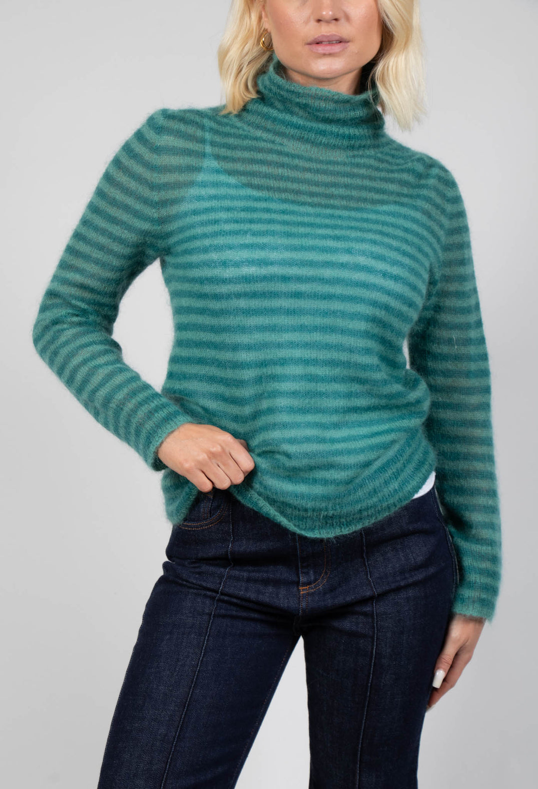 Striped Turtleneck Sweater in Teal Green