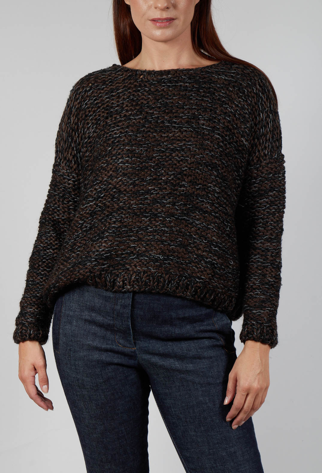 Purl Knit Scoop Neck Jumper in Brown Black