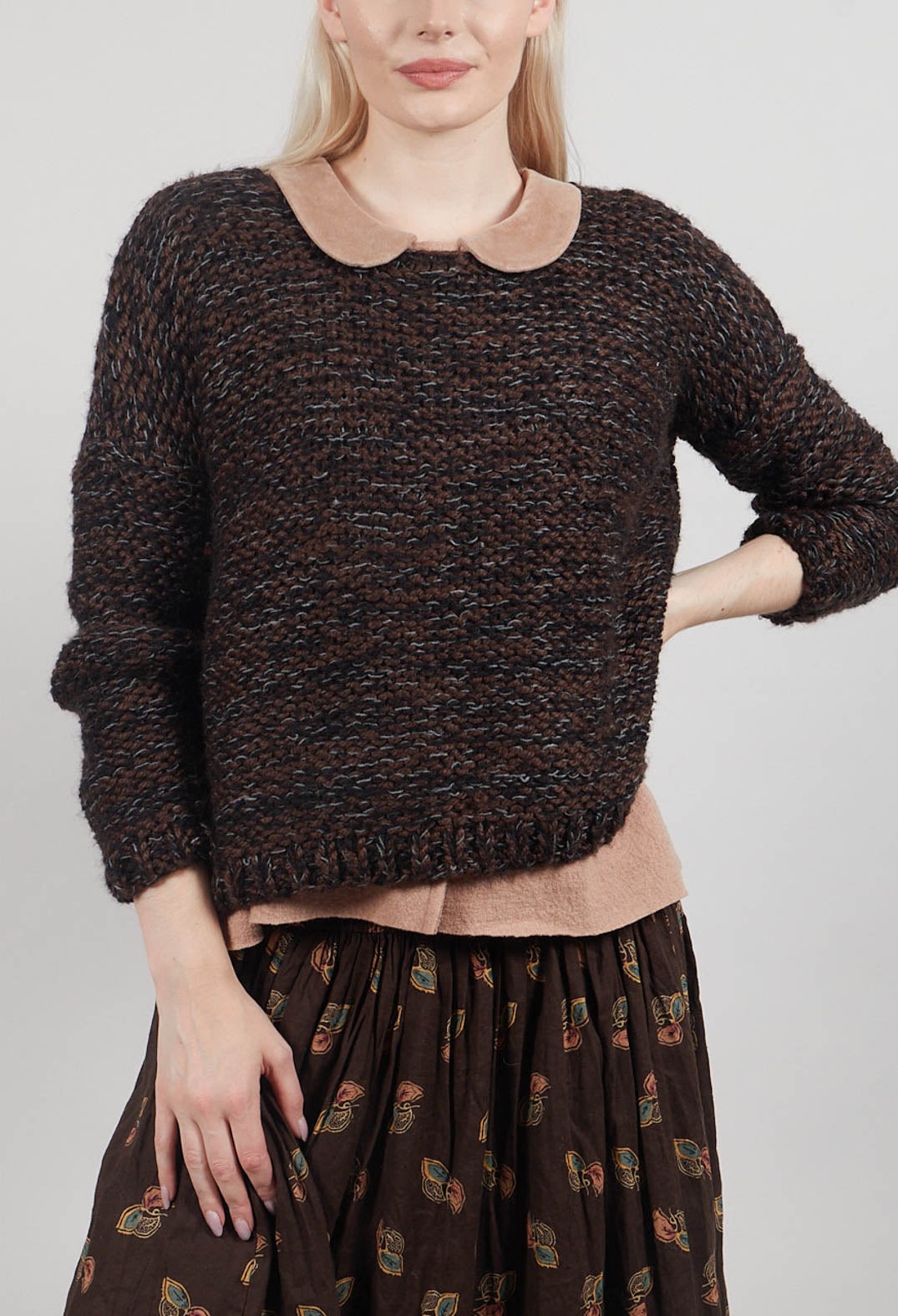 Purl Knit Scoop Neck Jumper in Brown Black