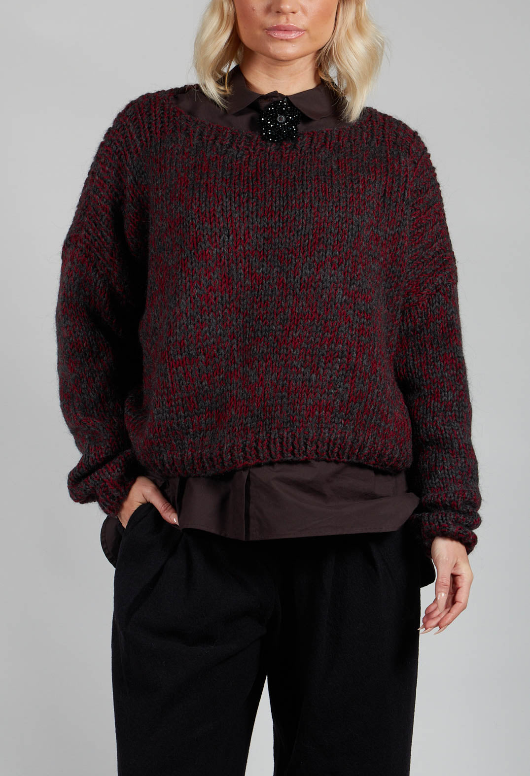 Mixed Knit Jumper in Red Anthracite