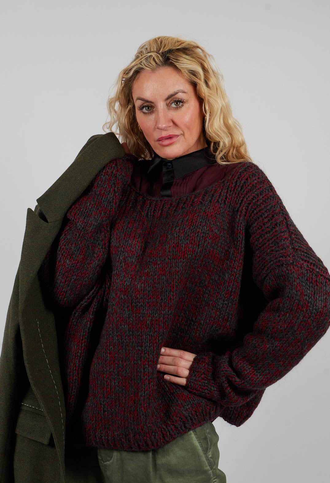 Mixed Knit Jumper in Red Anthracite