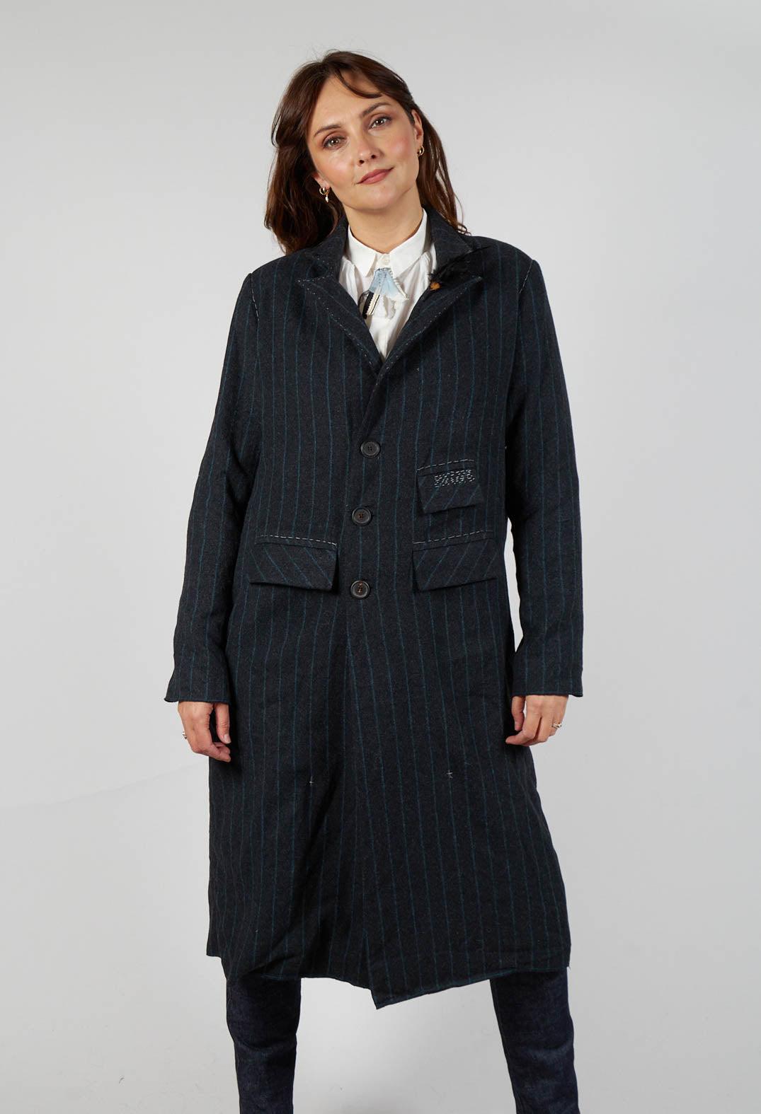 Pinstriped Pea Coat in Original Grey