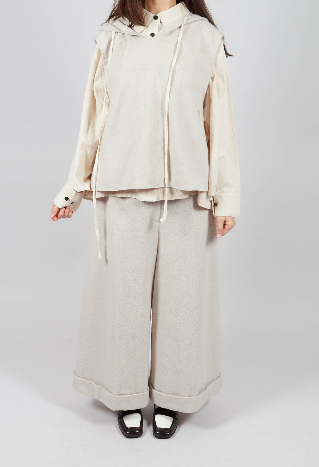 Cuffed Wide Leg Trousers in Off White