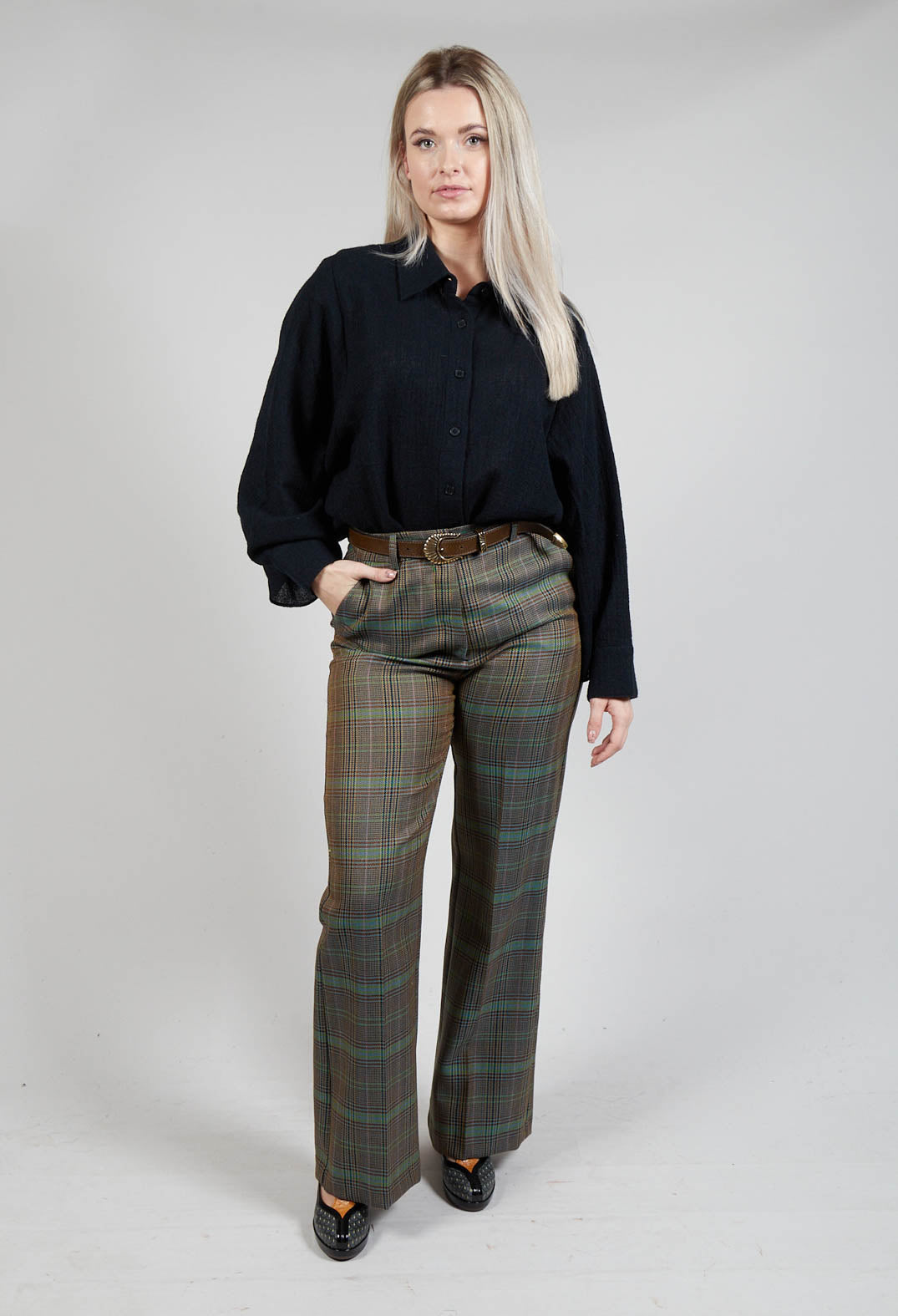 Tailored Check Wool Trousers in Kiwi