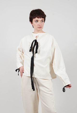 Short Blouse with Ribbon Tie Neck in Ivory