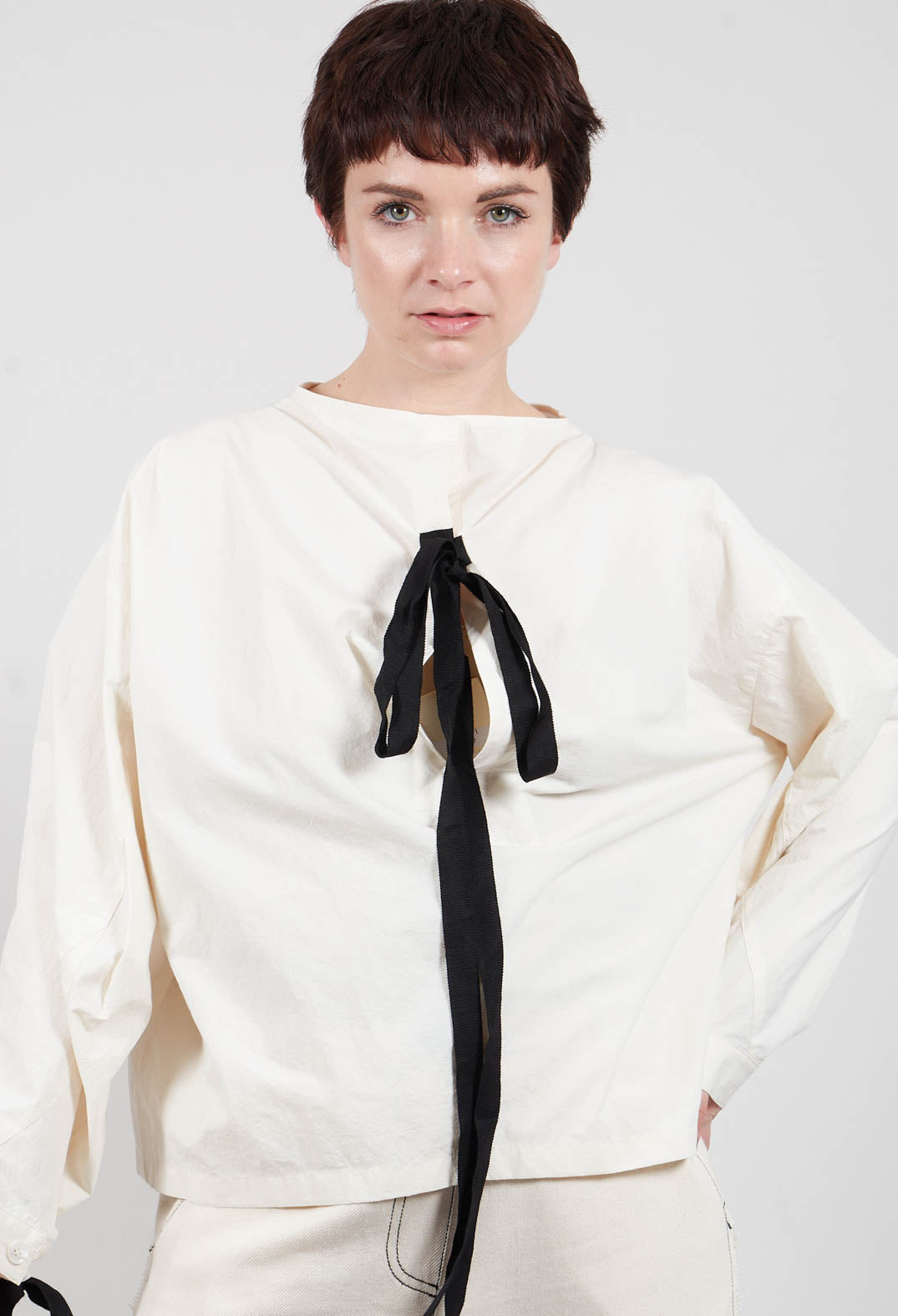 Short Blouse with Ribbon Tie Neck in Ivory