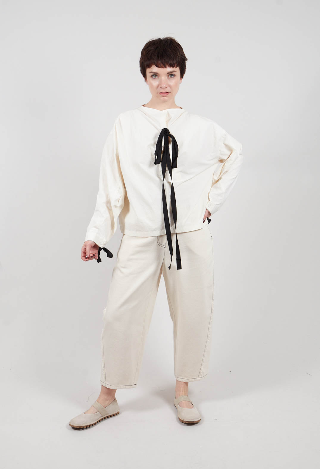 Short Blouse with Ribbon Tie Neck in Ivory