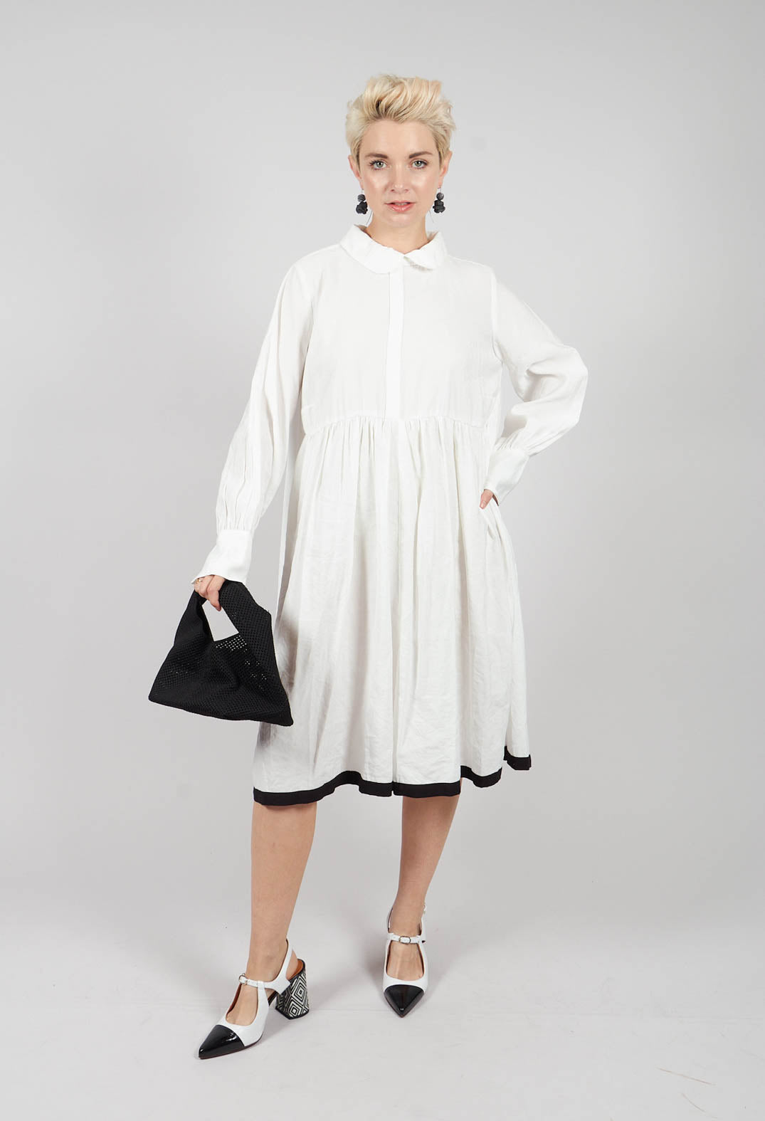 Longsleeve Smock Shirt Dress in White