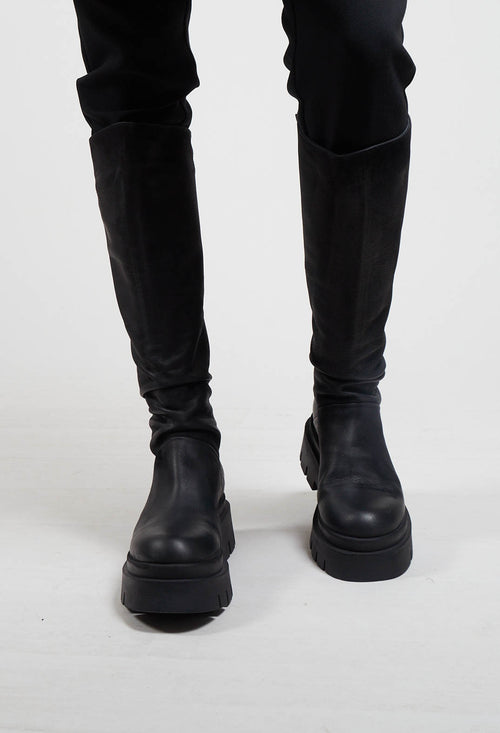 Calf Length Leather Boots in Gasoline Nero