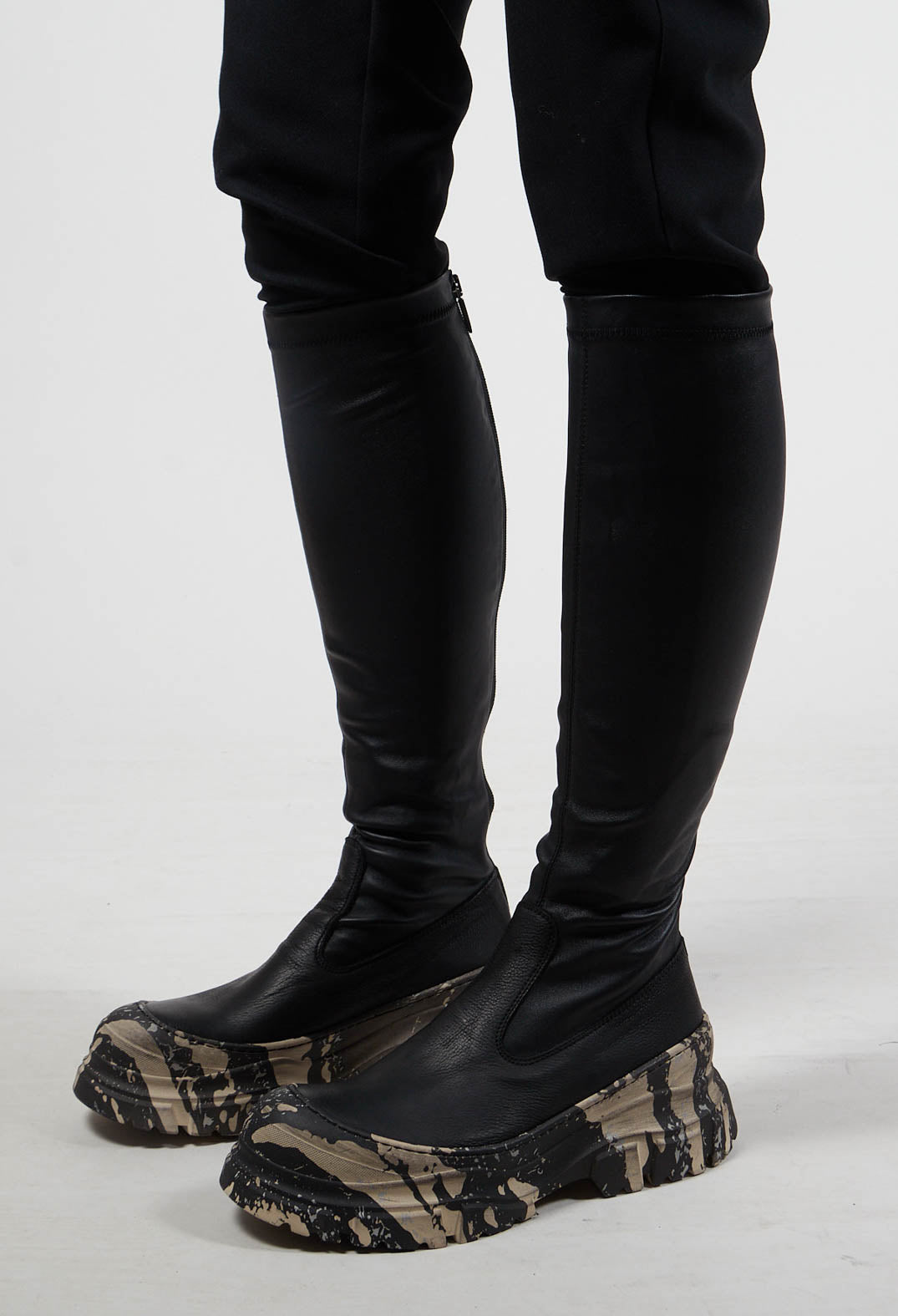 Suede Long Boots in Gasoline Nero and Nappa Stretch Nero