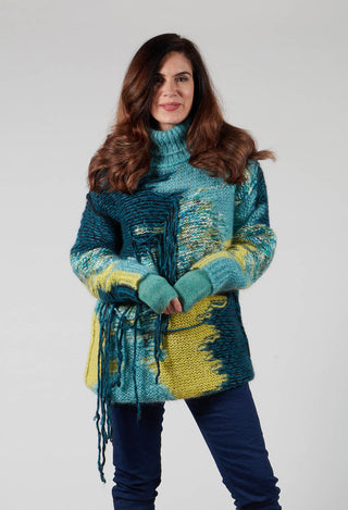 Roll Neck Jumper with Fringe Detail in Turquoise