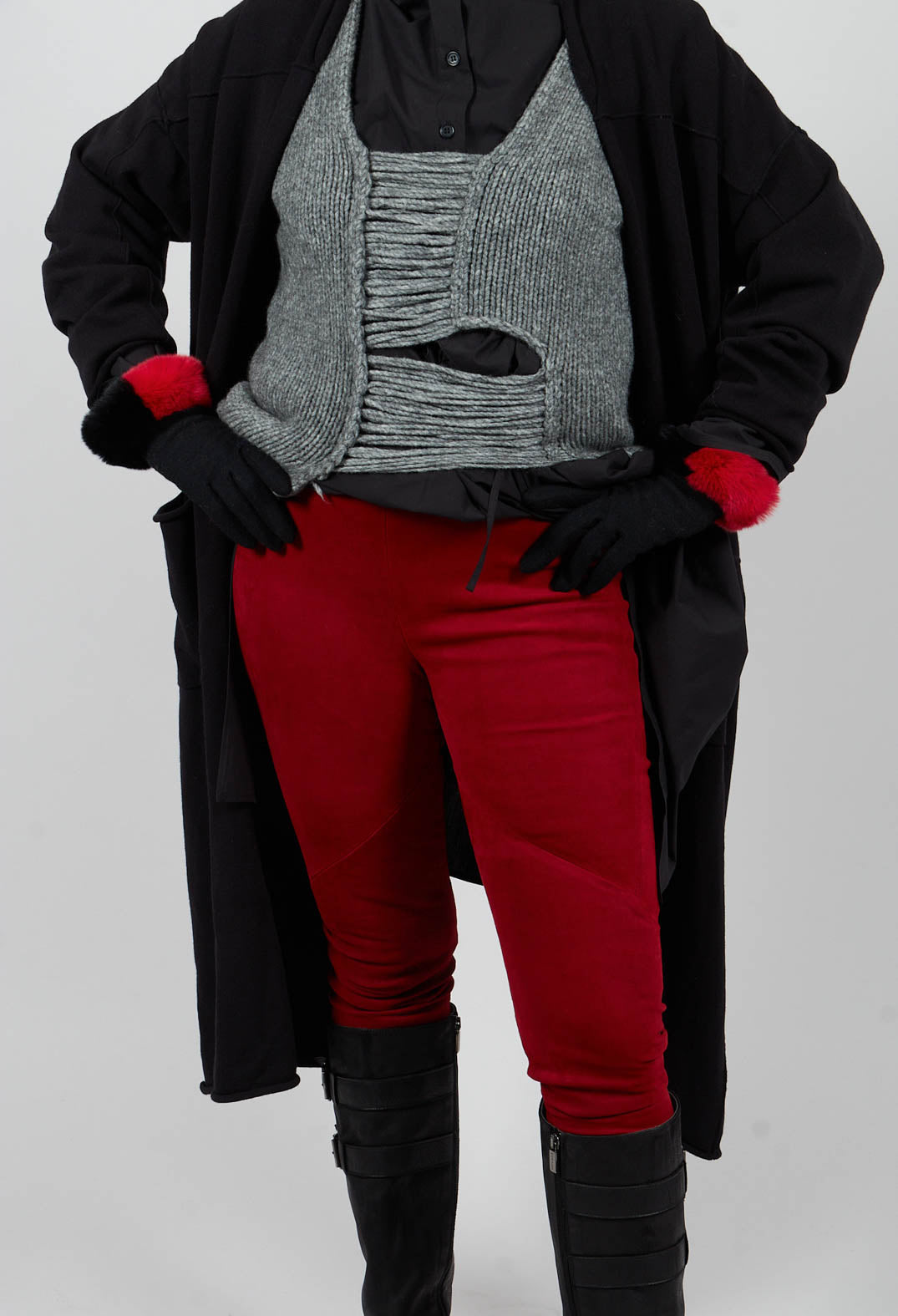 Suede Stretch Fit Skinny Trousers in Deep Red