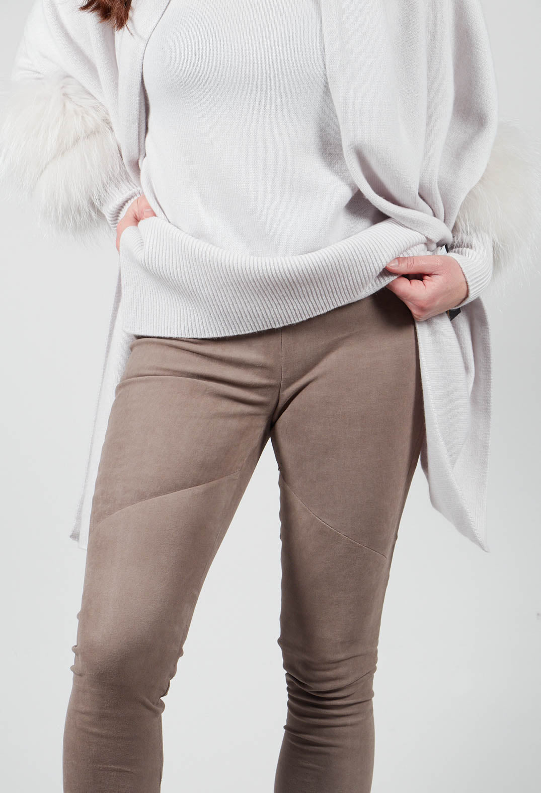 Suede Stretch Fit Skinny Trousers in Elephant Grey