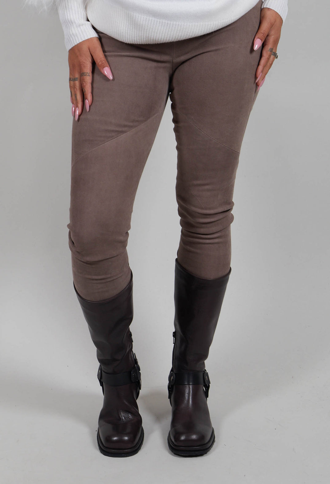Suede Stretch Fit Skinny Trousers in Elephant Grey