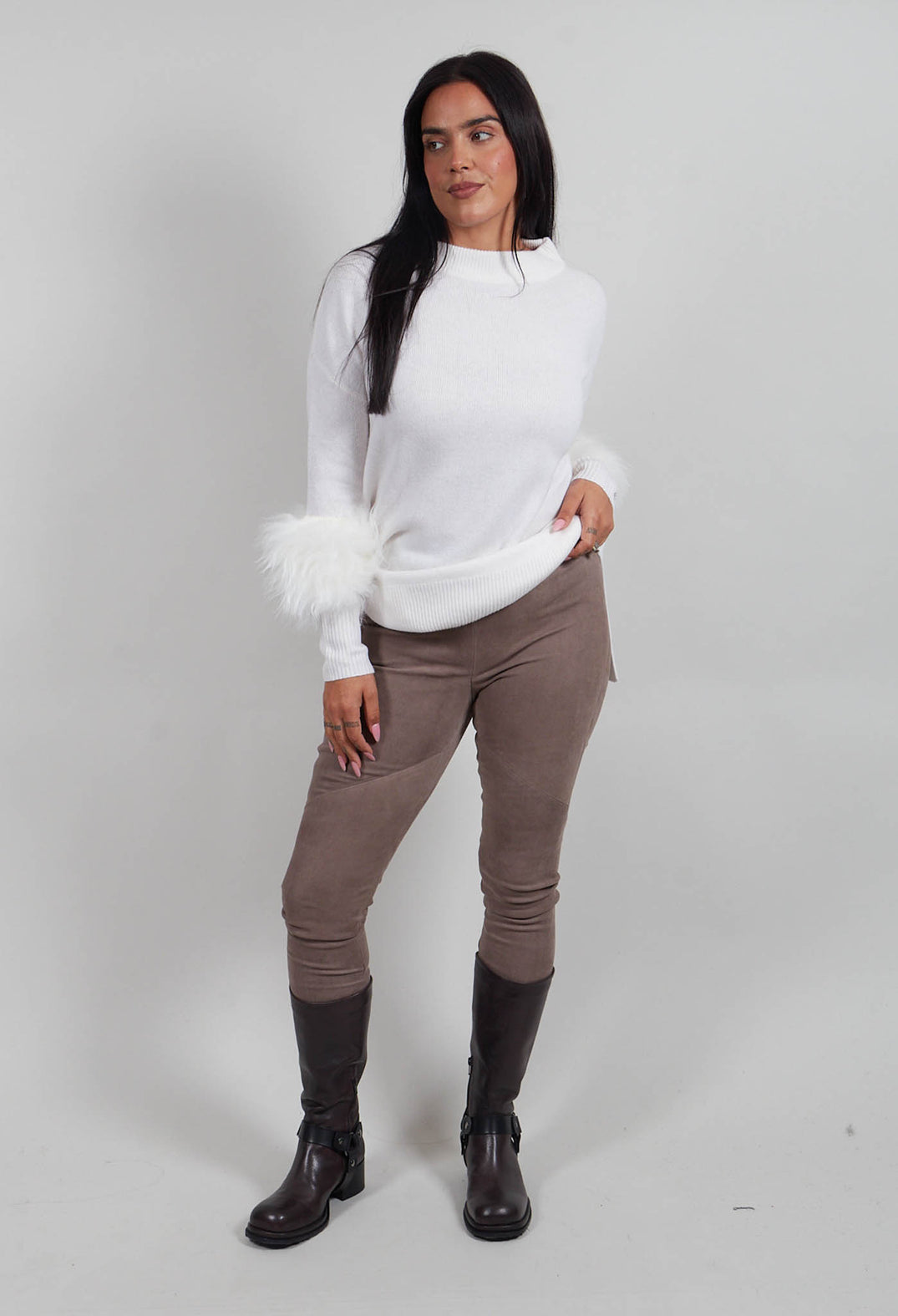 Suede Stretch Fit Skinny Trousers in Elephant Grey