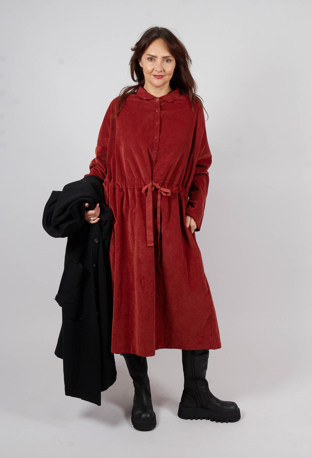 Collar Drawstring Dress in Red