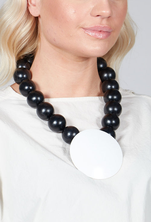 Large Beaded Necklace with Black Pendant in Black