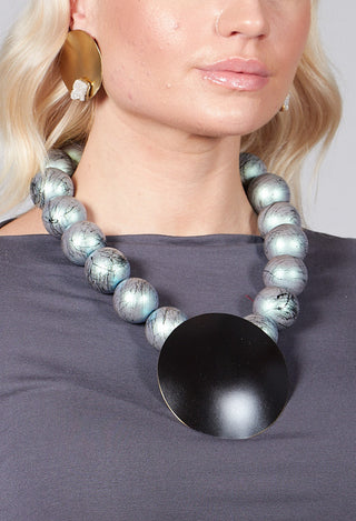 Large Beaded Necklace with Black Pendant in Green