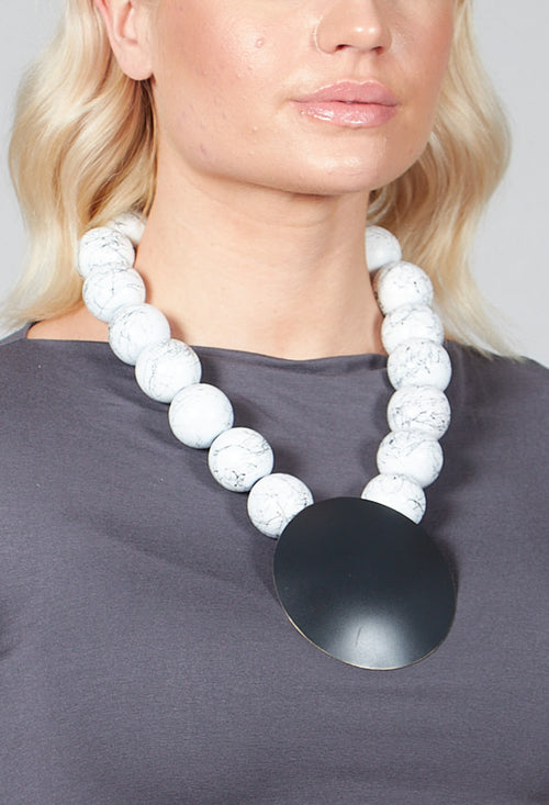 Large Beaded Necklace with Black Pendant in White