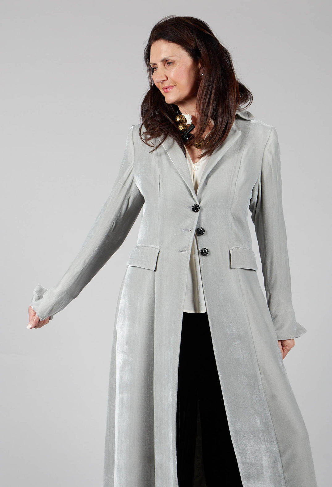 Long Velvet Coat in Pearl