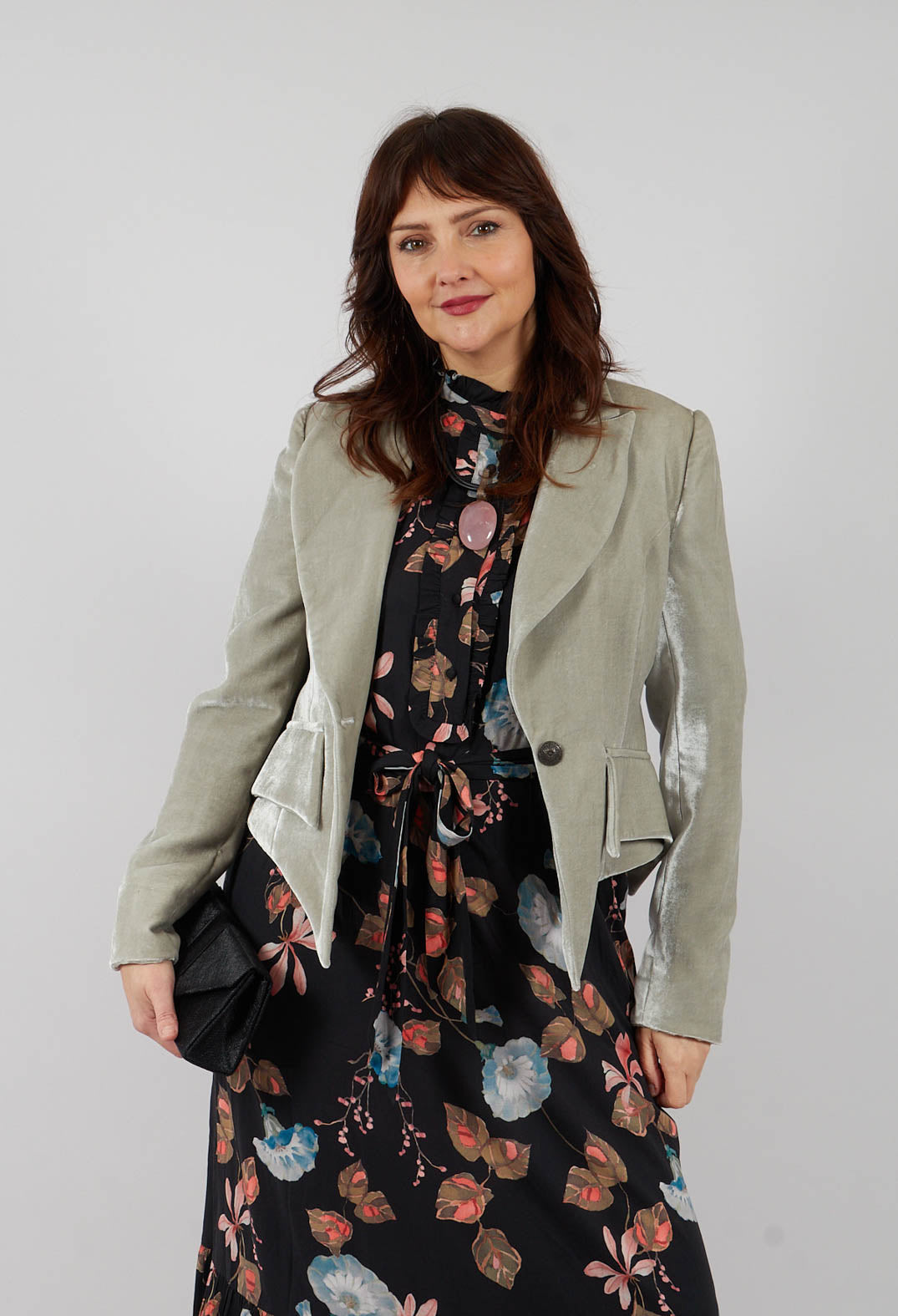 T.ba Cropped Velvet Jacket in Pearl Grey - Olivia May