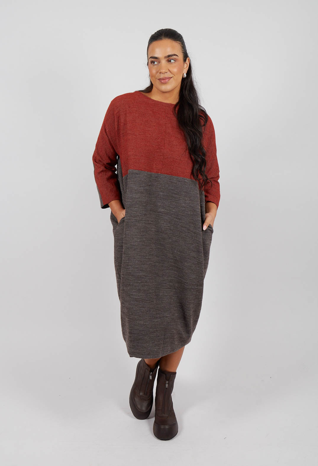 Dress with 3/4 Sleeves in Brown/Burnt Orange