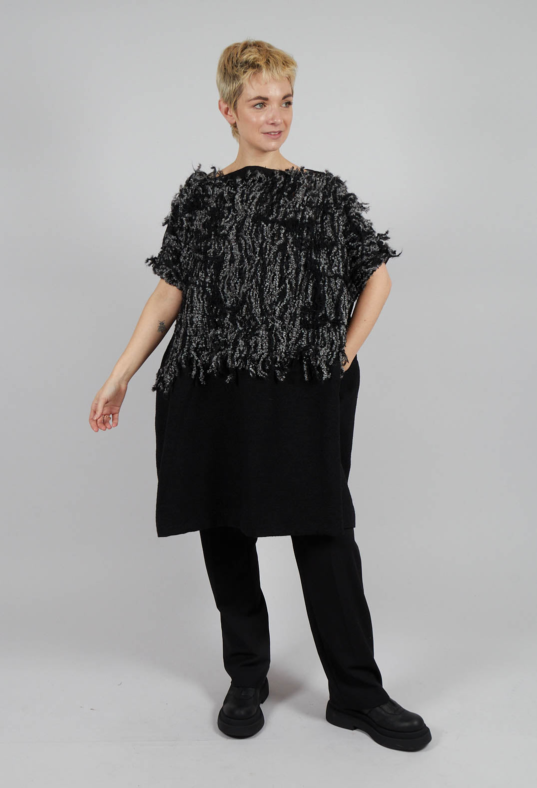 Wide Fit Dress with Wool Texture in Black Mix