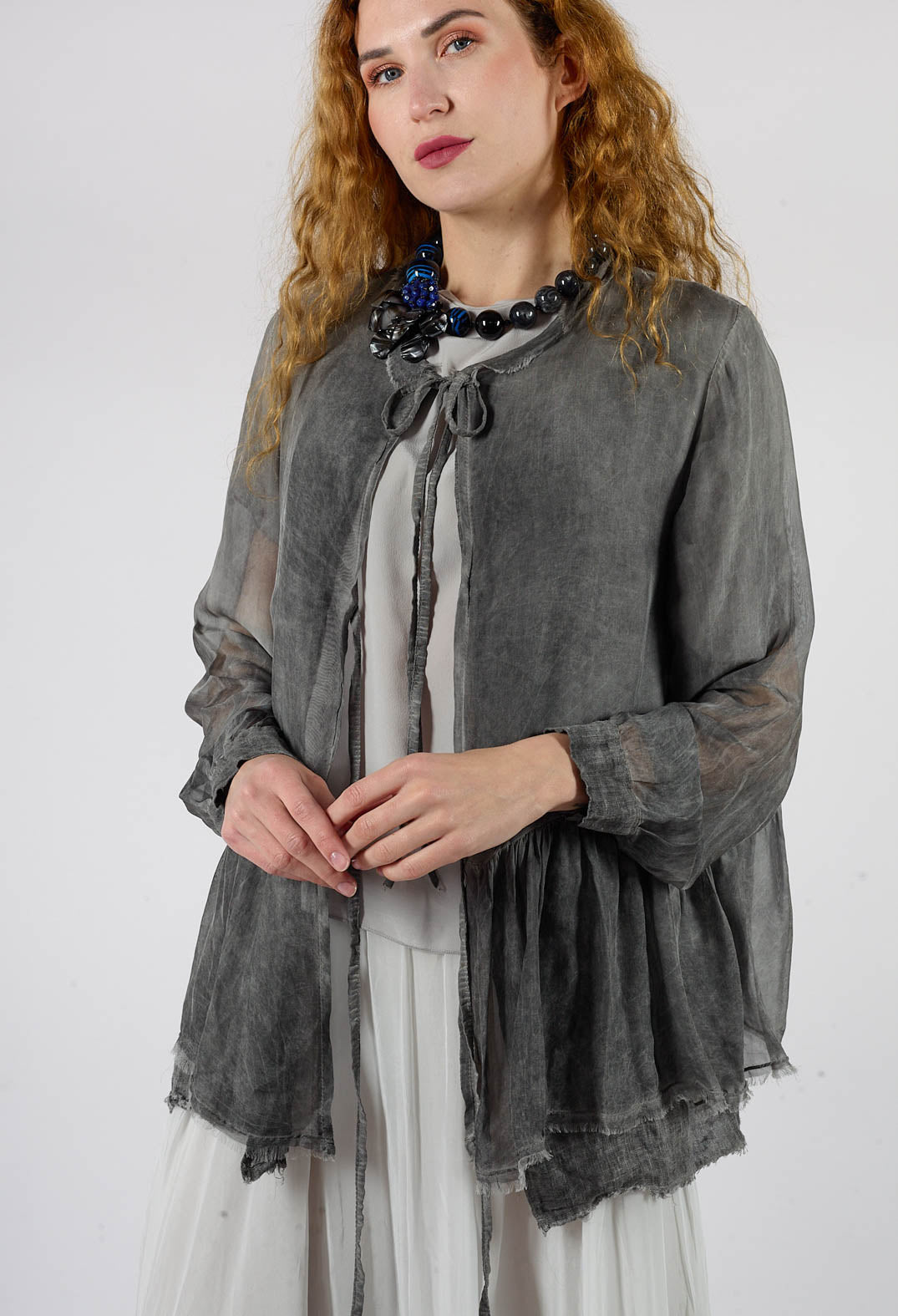 Peplum Tie Blouse in Lino Grey Storm