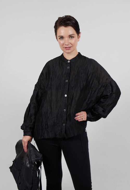 Grandad Collar Shirt in Lino Crush Nero