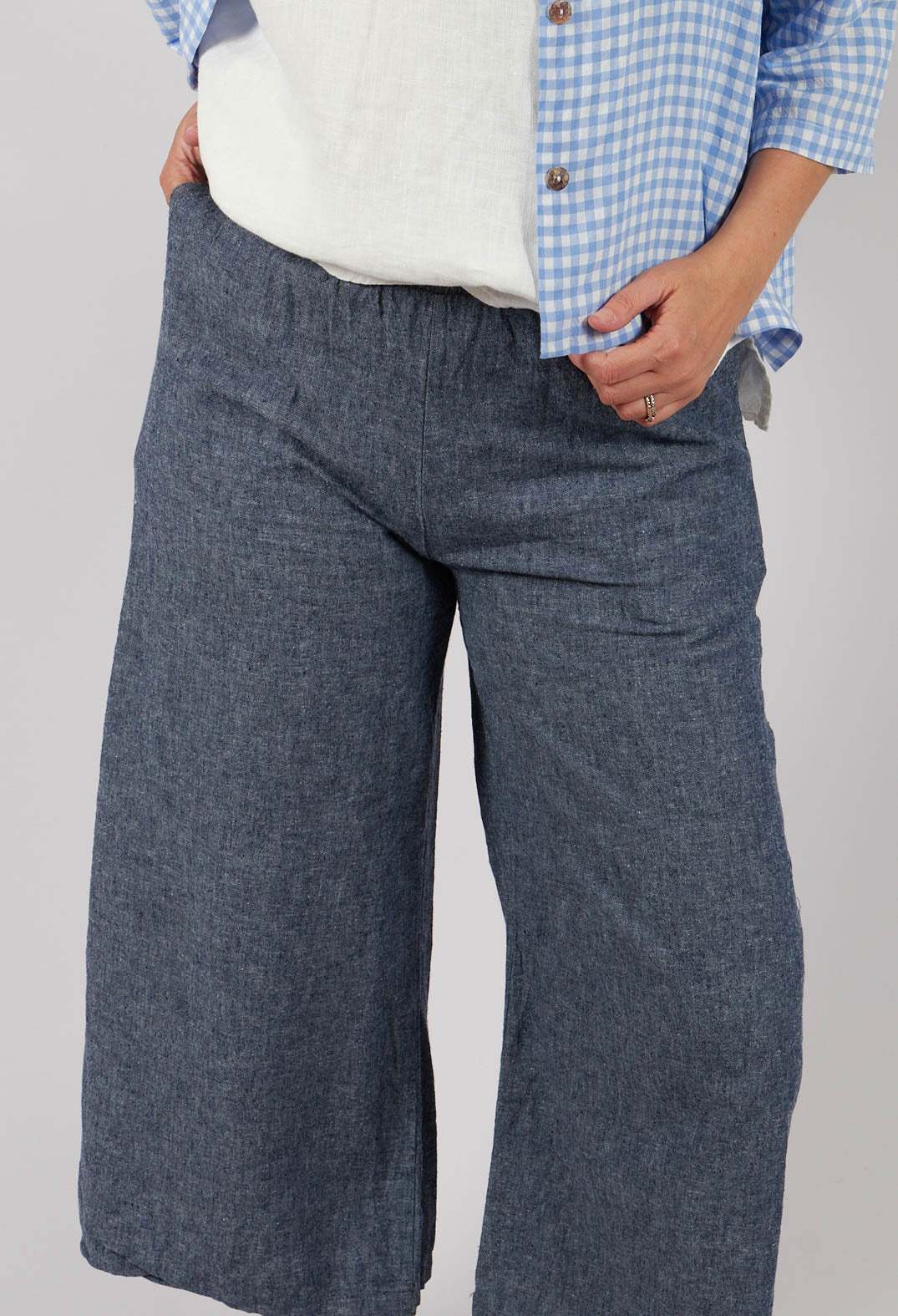 Wide Leg Linen Trousers in Blue Denim