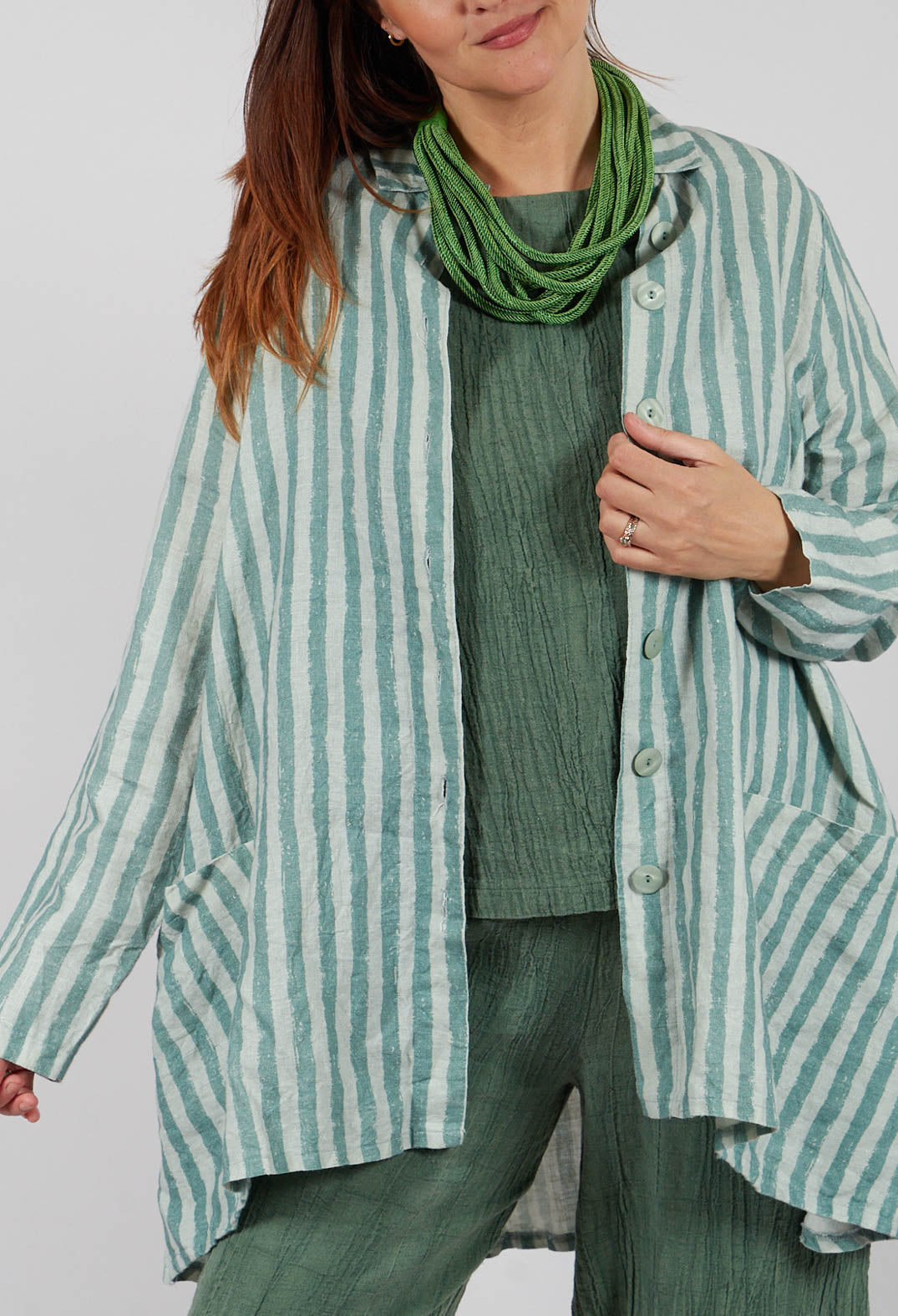 Long Sleeve Linen Stripe  Jacket in Teal