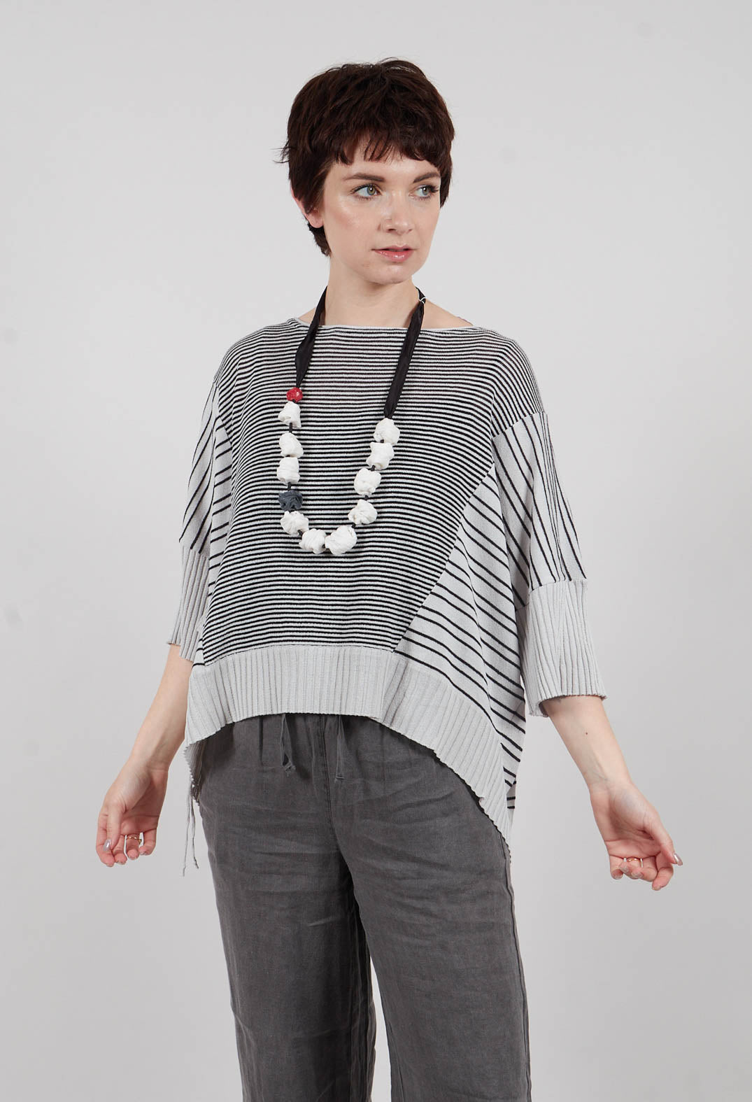 Cropped Short Sleeve Jumper in Silver Black Stripe