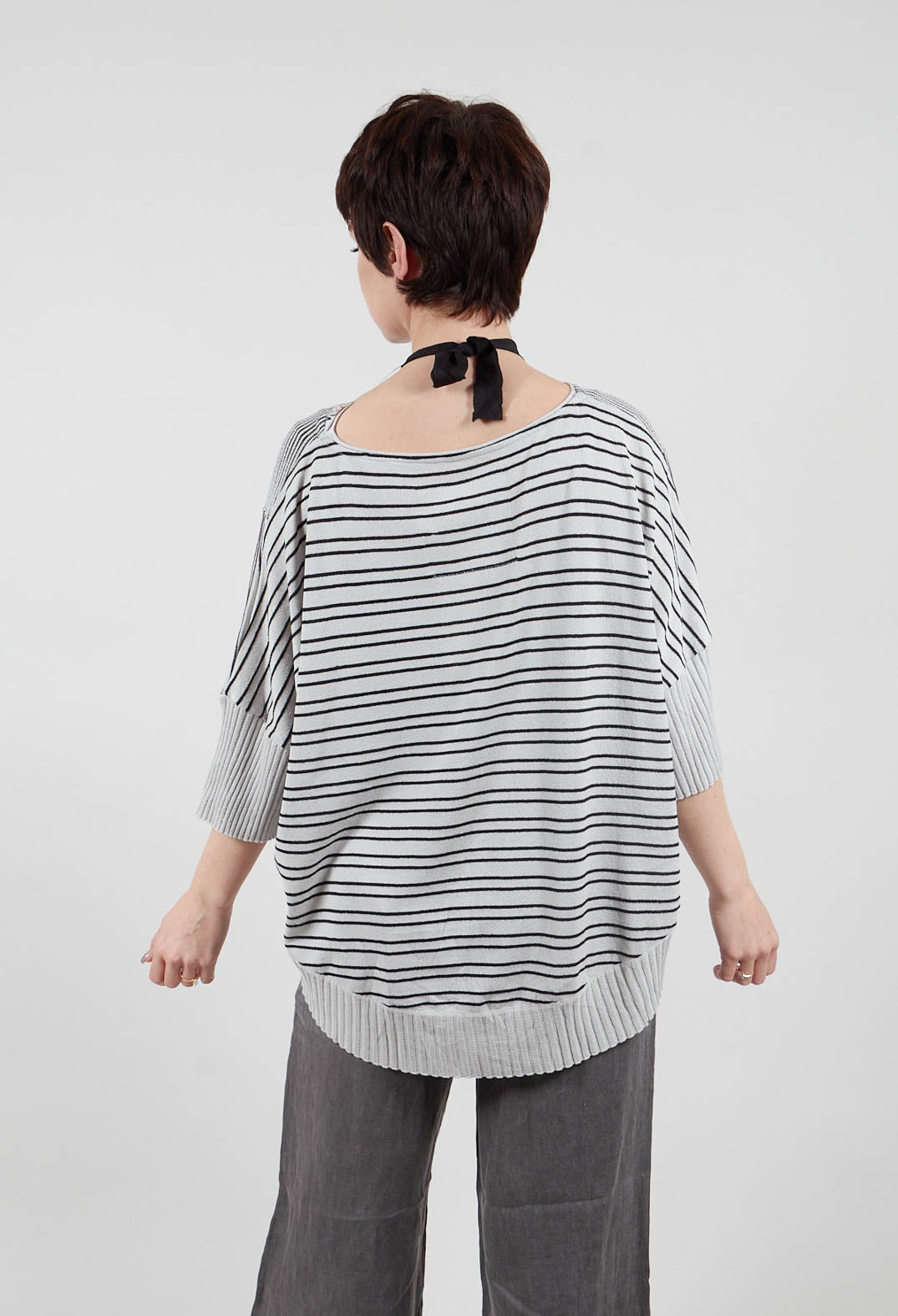 Cropped Short Sleeve Jumper in Silver Black Stripe