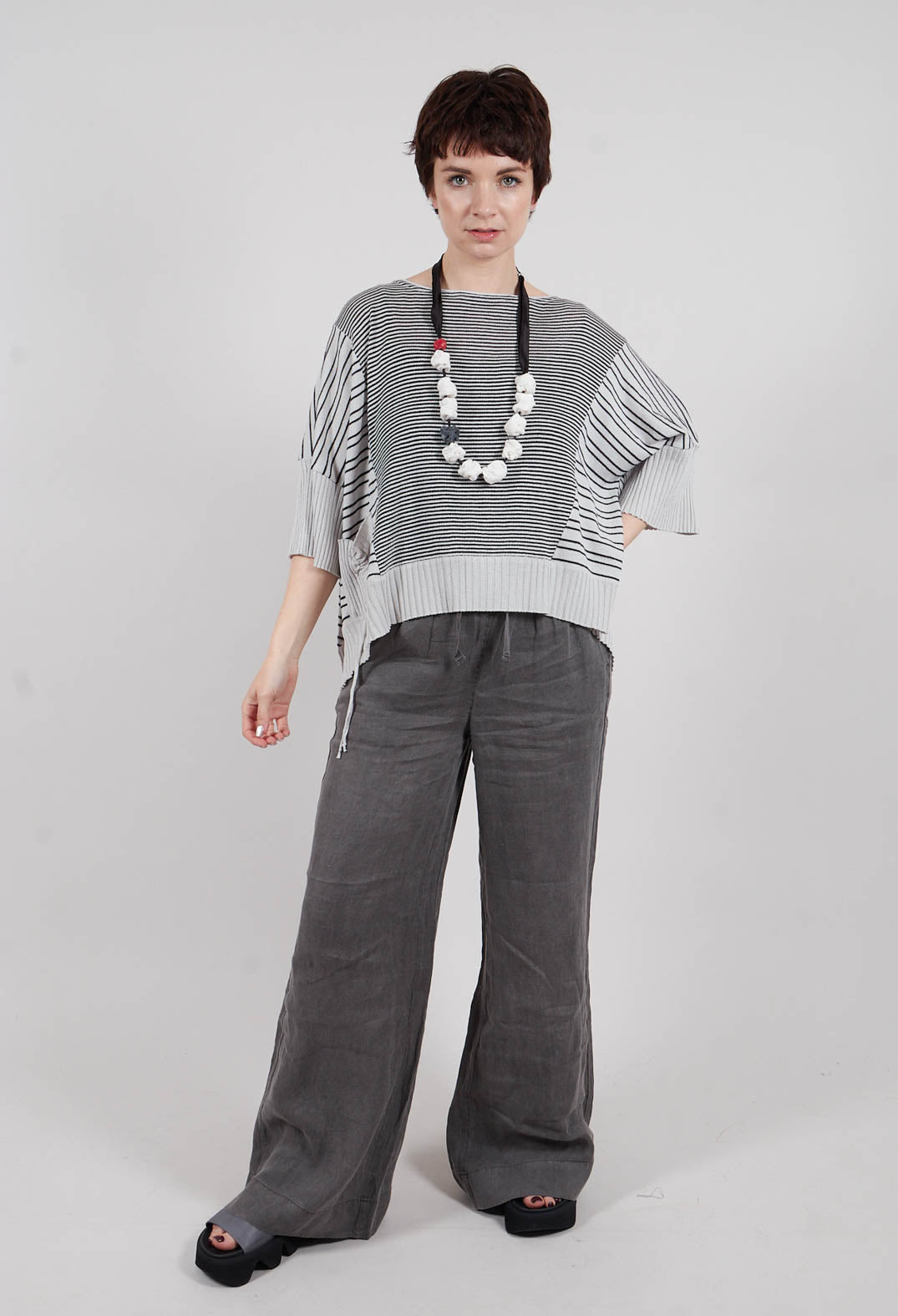 Cropped Short Sleeve Jumper in Silver Black Stripe
