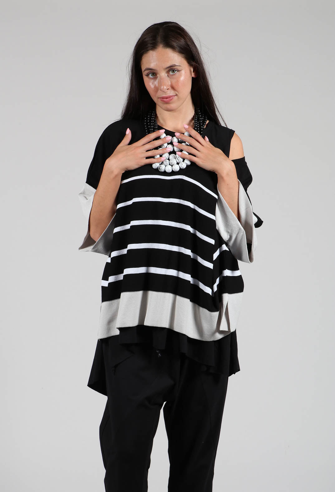 V Neck Jumper in Black and White Stripe