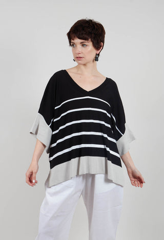 V Neck Jumper in Black and White Stripe