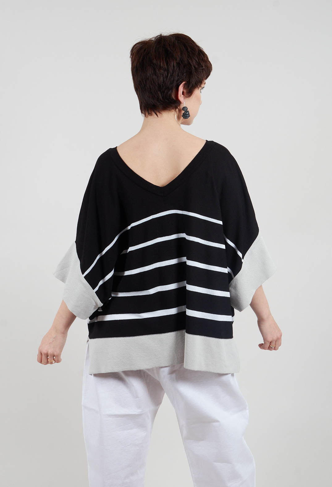 V Neck Jumper in Black and White Stripe