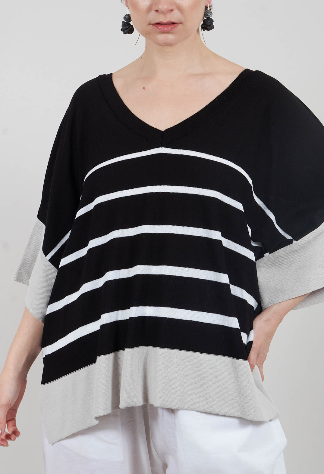 V Neck Jumper in Black and White Stripe