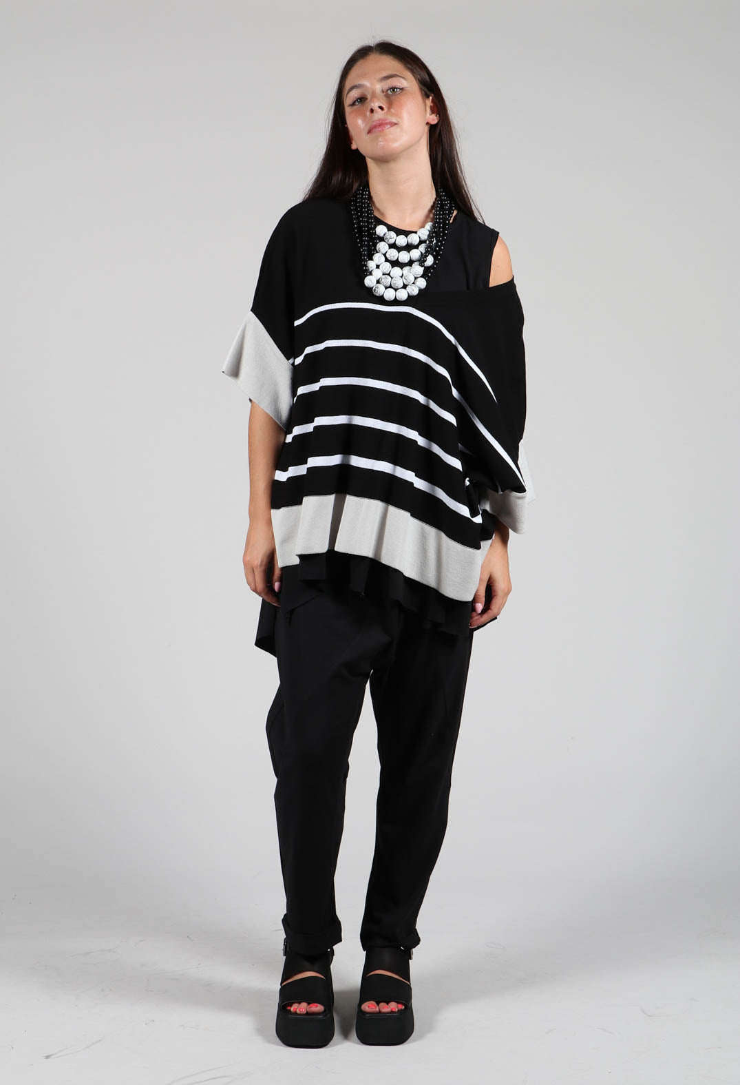 V Neck Jumper in Black and White Stripe