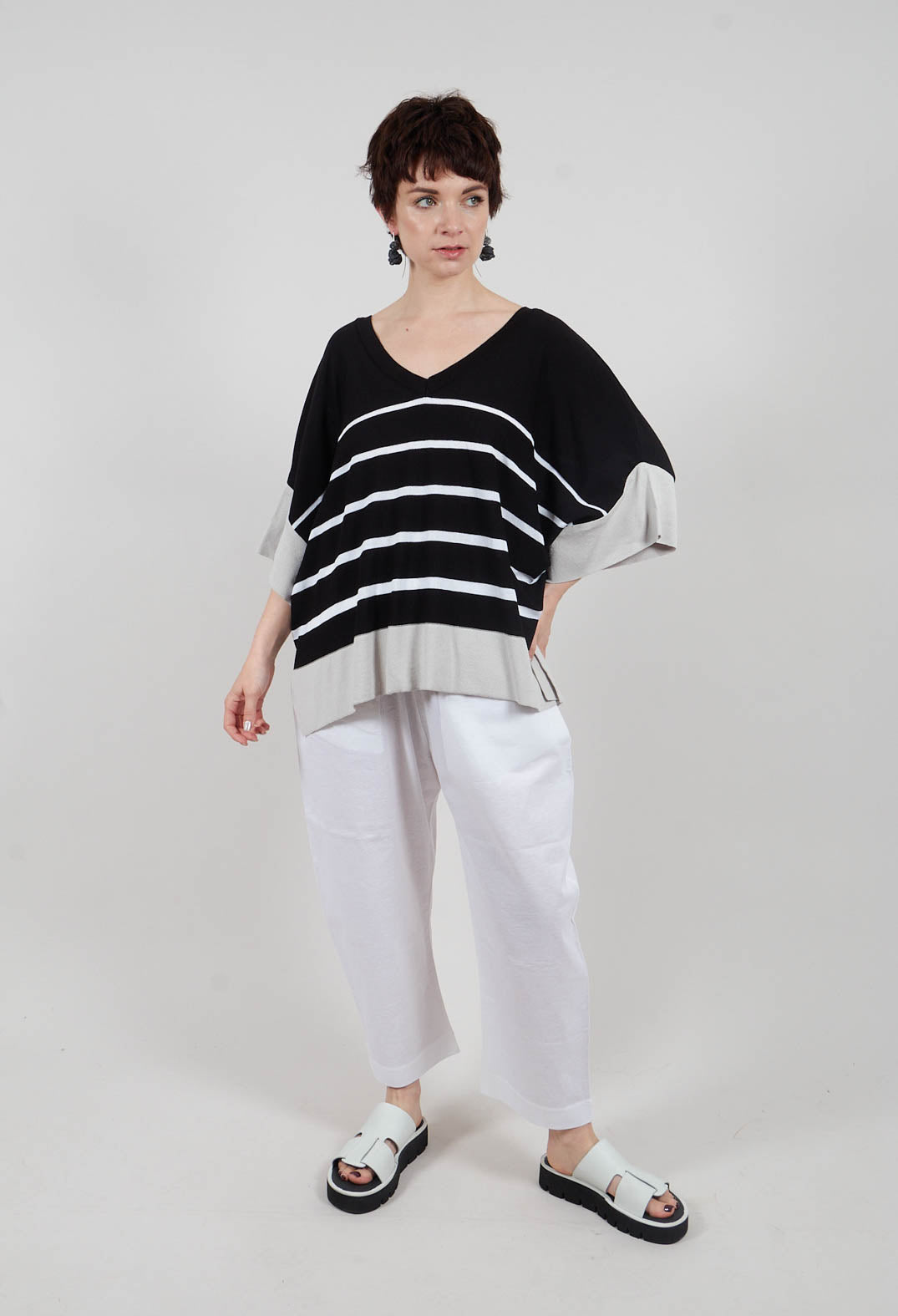 V Neck Jumper in Black and White Stripe